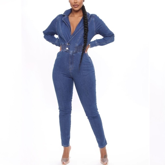 NWT Fashion Nova Darling Denim Jumpsuit Long Sleeve Plunge Neck - Picture 1 of 5